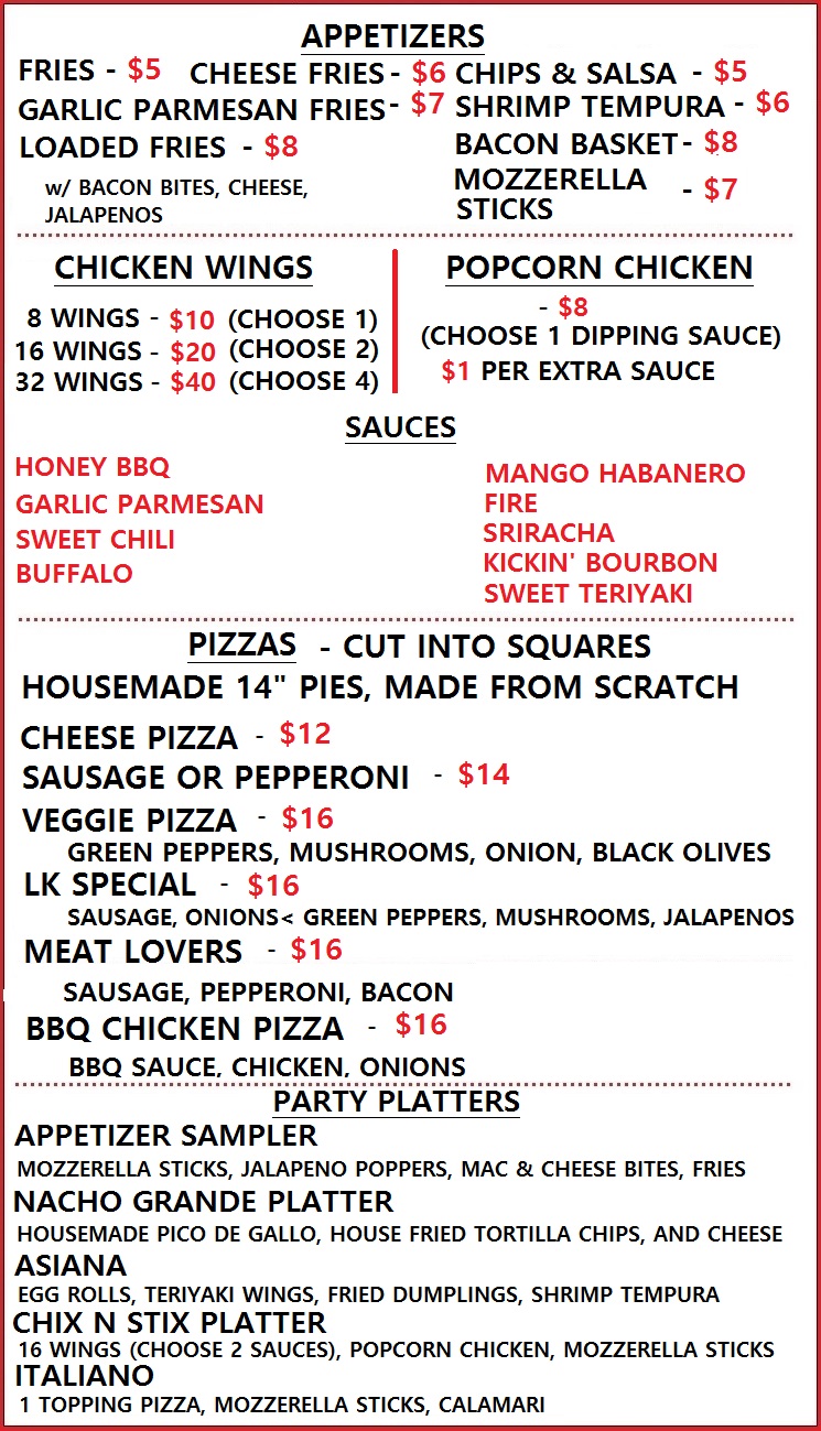 Lincoln Karaoke Official Printed Menu